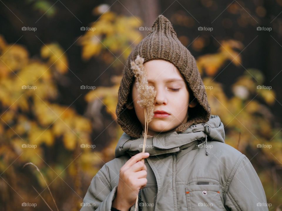 Cute little boy in autumn forest, portrait of child 