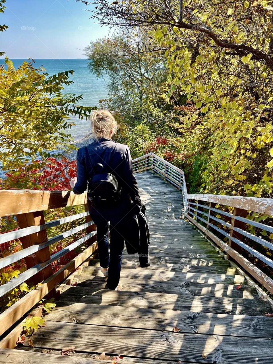 Blond haired woman descending steep wooden stairs leading to Lake Huron in Michigan, nature trails outdoors on sunny day 