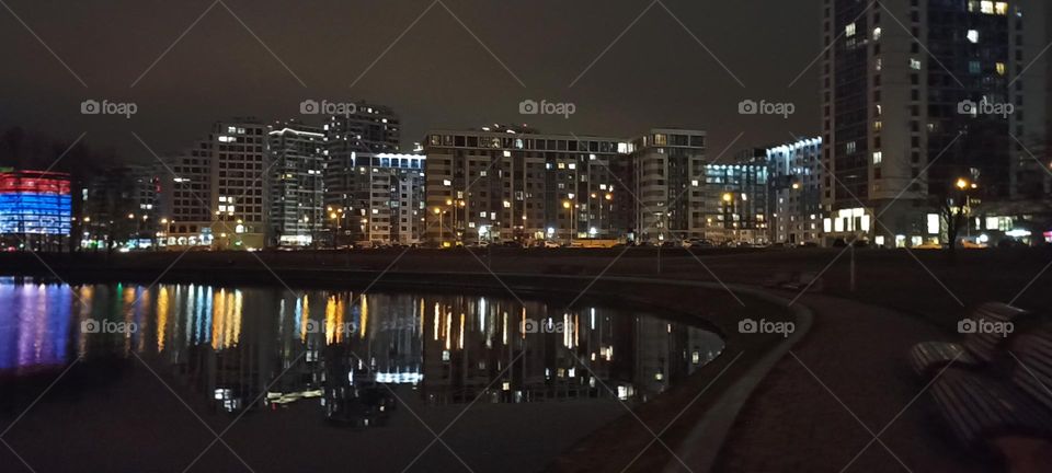 very beautiful night light windows city and reflection