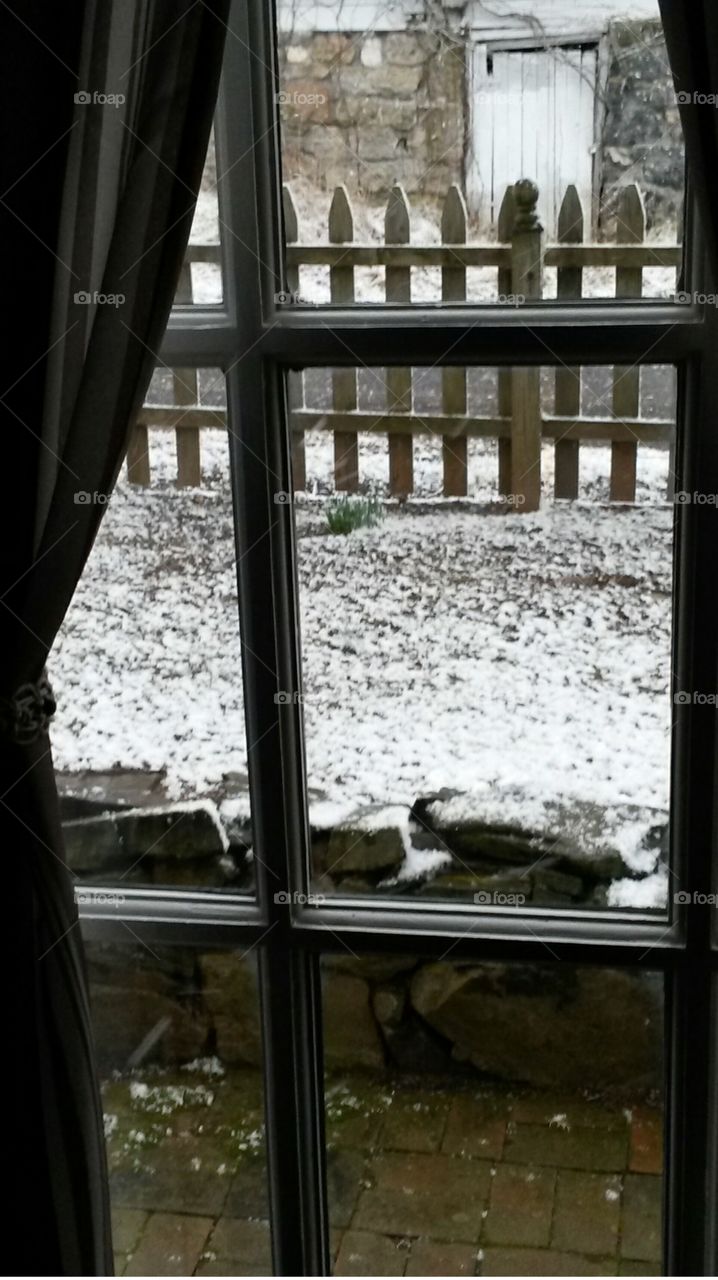 Snowy spring window view