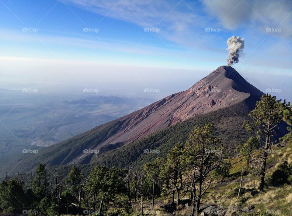 majestetic Fuego volcano erupting ash, Acatenango hike, Guatemala