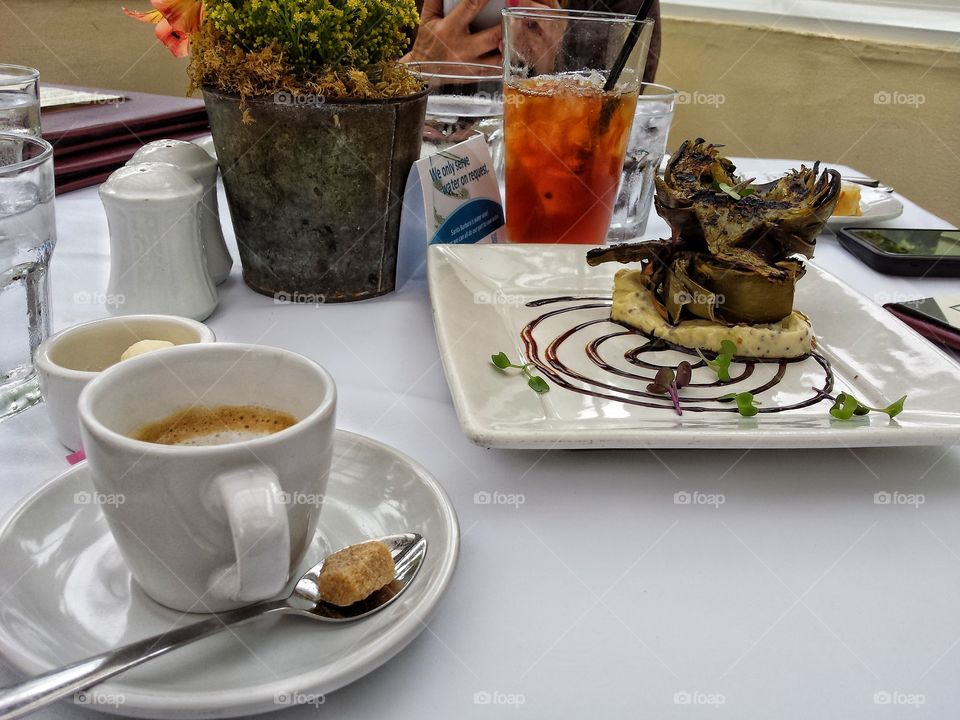 Stella Mare's Bistro espresso and Grilled Artichoke