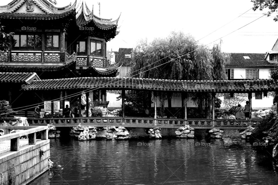 bridge in yuyuan garden. A bridge across a pond in yuyuan garden, shanghai, china. (black and white version)