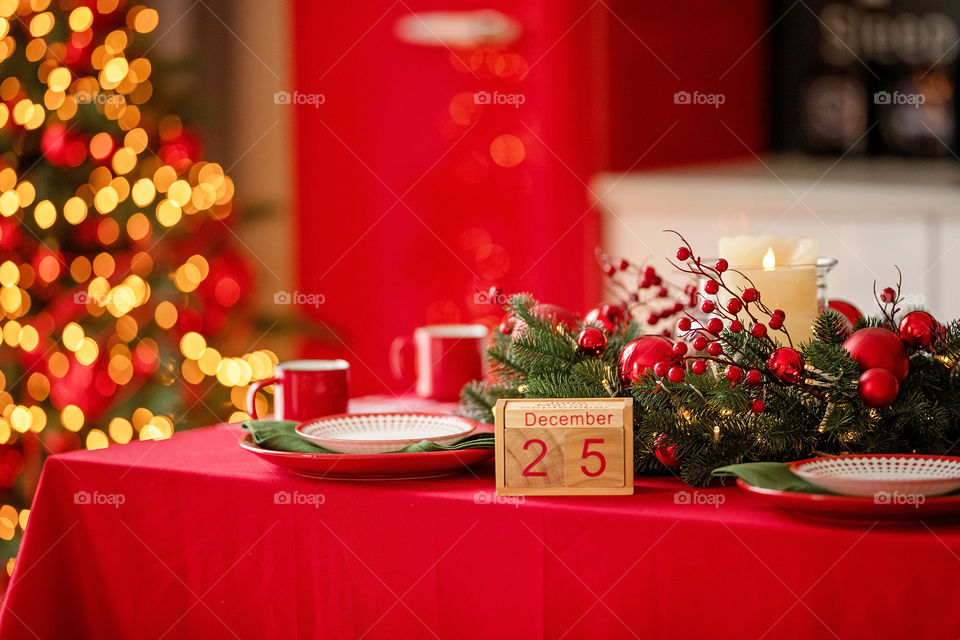 Christmas background with wooden block calendar with the date of December 25