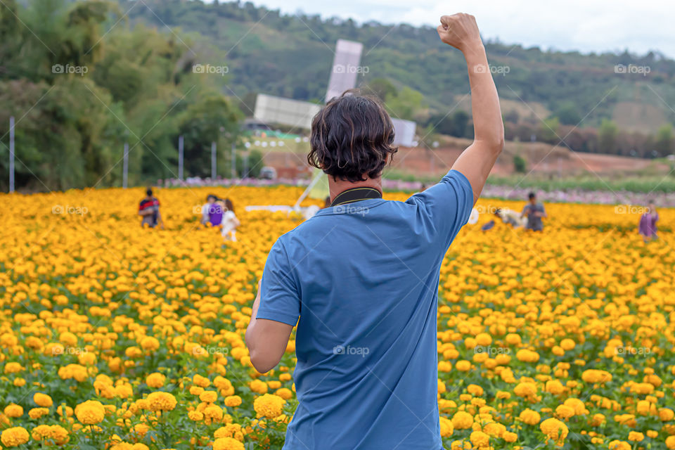 Man raised his arms in a marigold garden or Tagetes erecta at Phu Rua, Loei in Thailand.