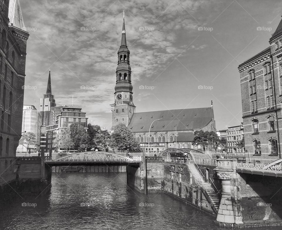 Hamburg. Speicherstadt UNESCO World Heritage Site.view of the Church of St. Catherine