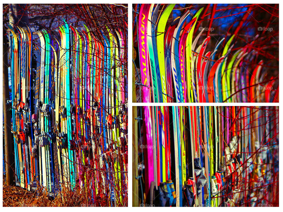 This collage of 3 contains photos of a rural property fence made entirely of skis. The fence covers two sides of the yard with some room to expand! It makes a very interesting & colourful landmark & is a great way to recycle the skis! 🎿