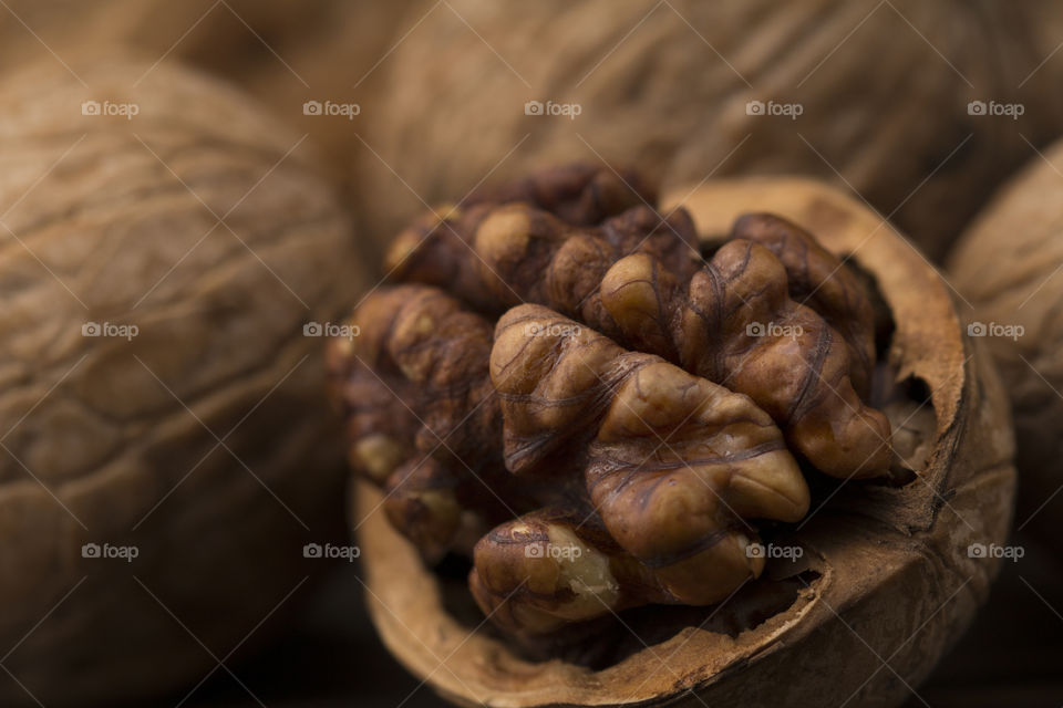 macro shot of the walnut.  close up,  selective focus.
