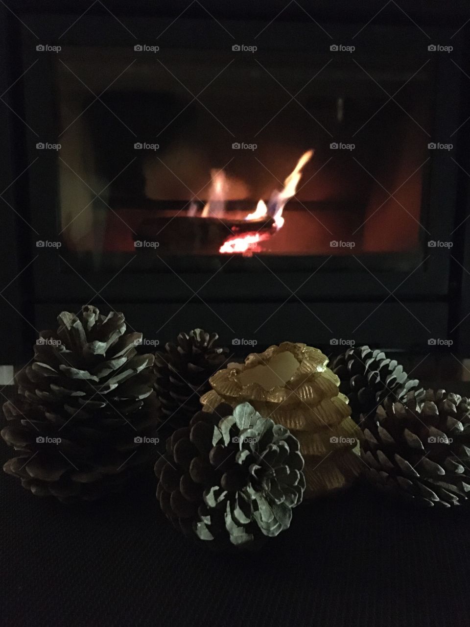 Pine cones in front of a fireplace 