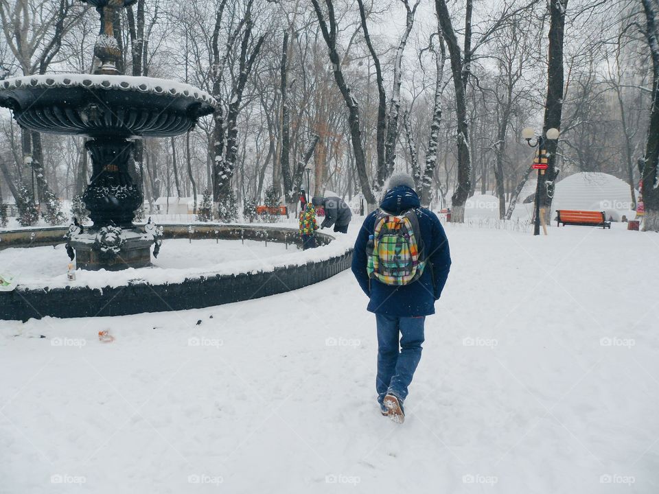 a man walking in the winter park, Kiev