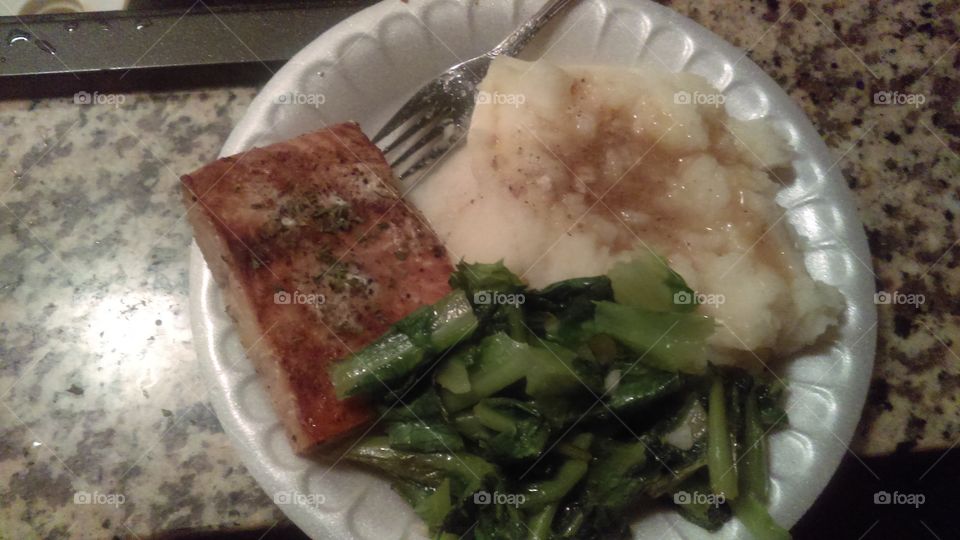 "Styrofoam and Salmon"- quick dinner combo of baked salmon, mashed potatoes with gravy, and sautéed romaine lettuce 