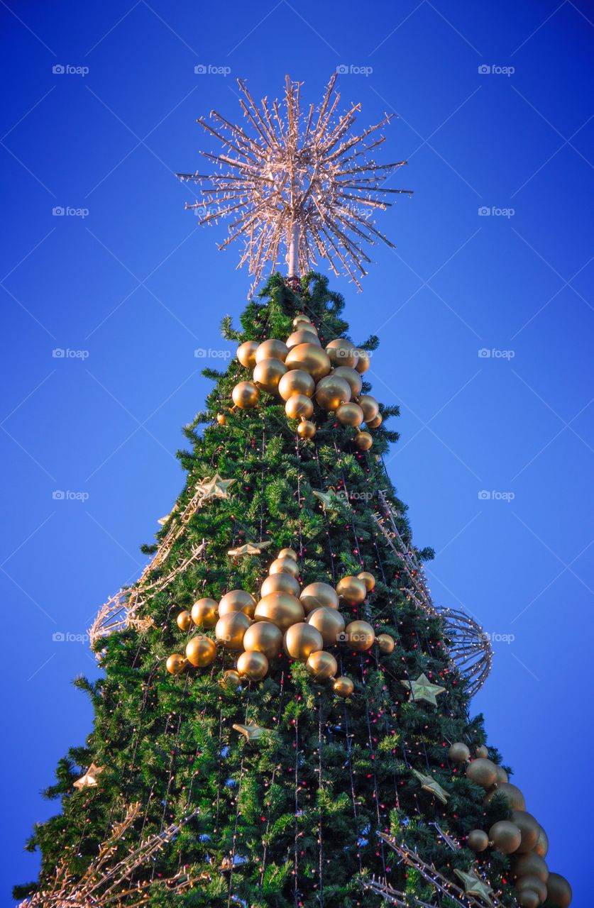 Top of the artificial Christmas fir tree near the shopping centre in Moscow