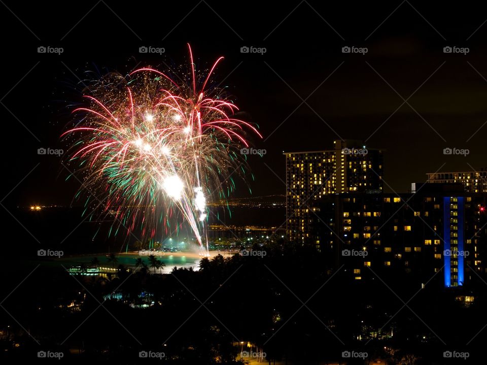 Looking at Fireworks . Fireworks in night sky 