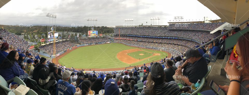 Panoramic shot at Dodger Stadium circa June 2018