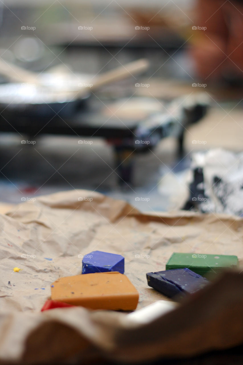 Close up or encaustic paint blocks