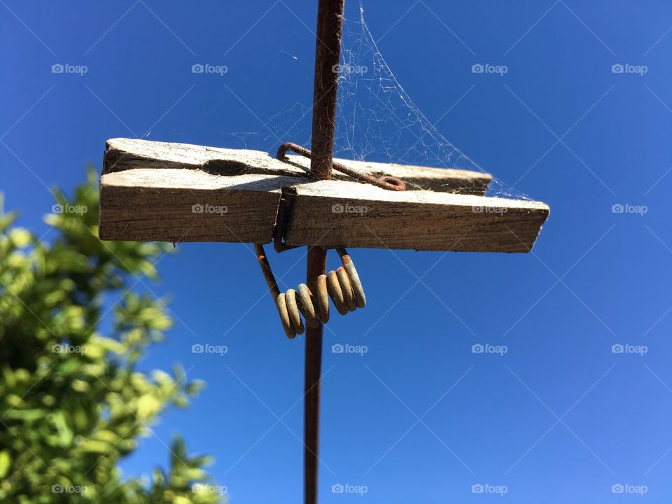 Rusty wires and weathered wood clothes peg clothespin on a rusted wire clothesline with build up of spider webs