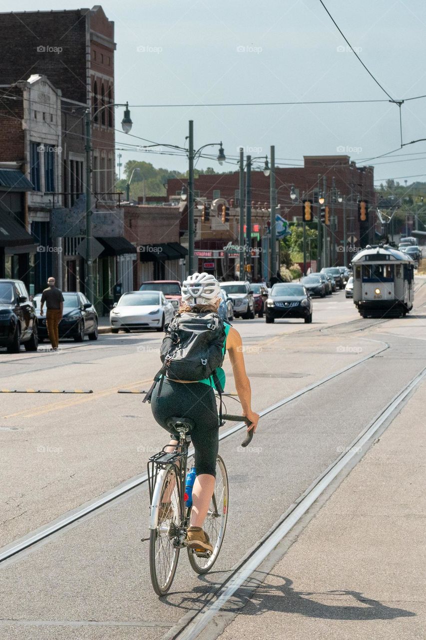 Female Bicyclist in Downtown Memphis 