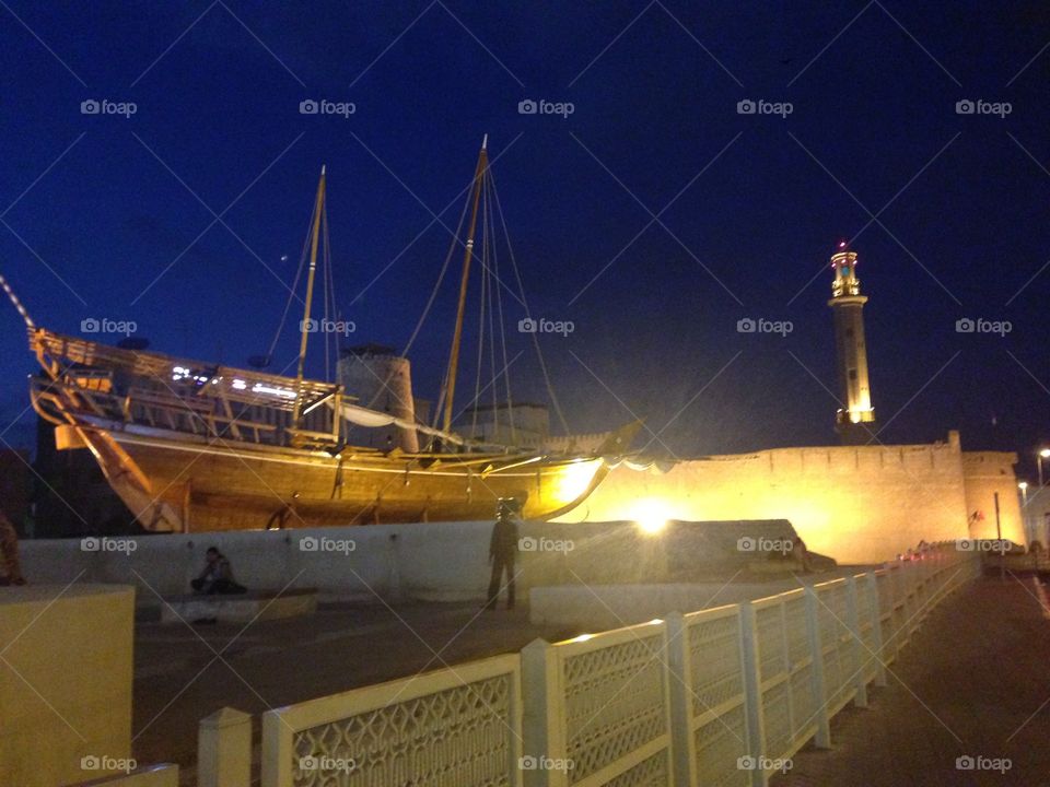 Arabian Nights. An Arabic boat outside an old fort in Bur Dubai. 