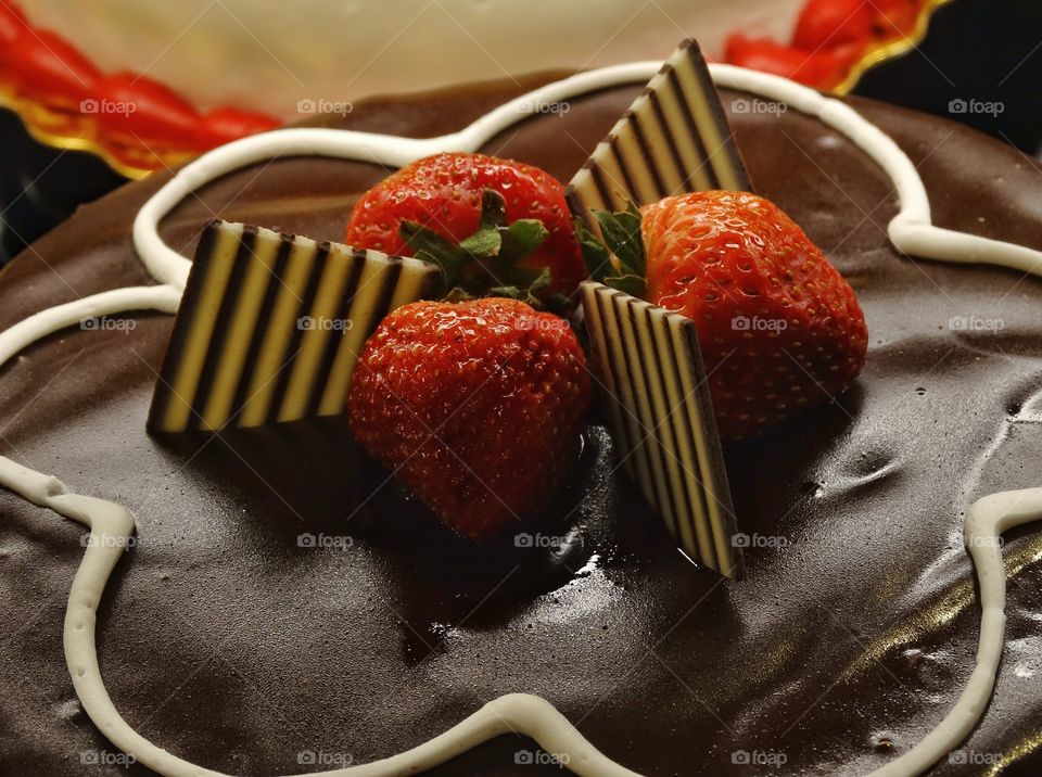 Gourmet Chocolate Cake. Rich Creamy Chocolate Cake Topped With Strawberries
