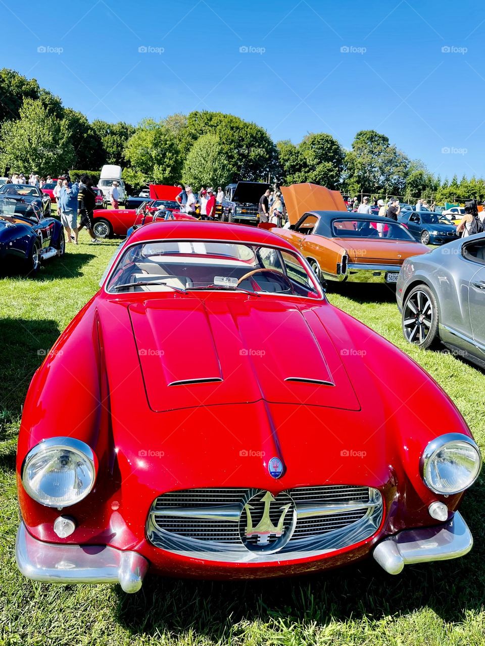 Red Maserati, an Italian luxury vehicle with its iconic emblem- a trident. 