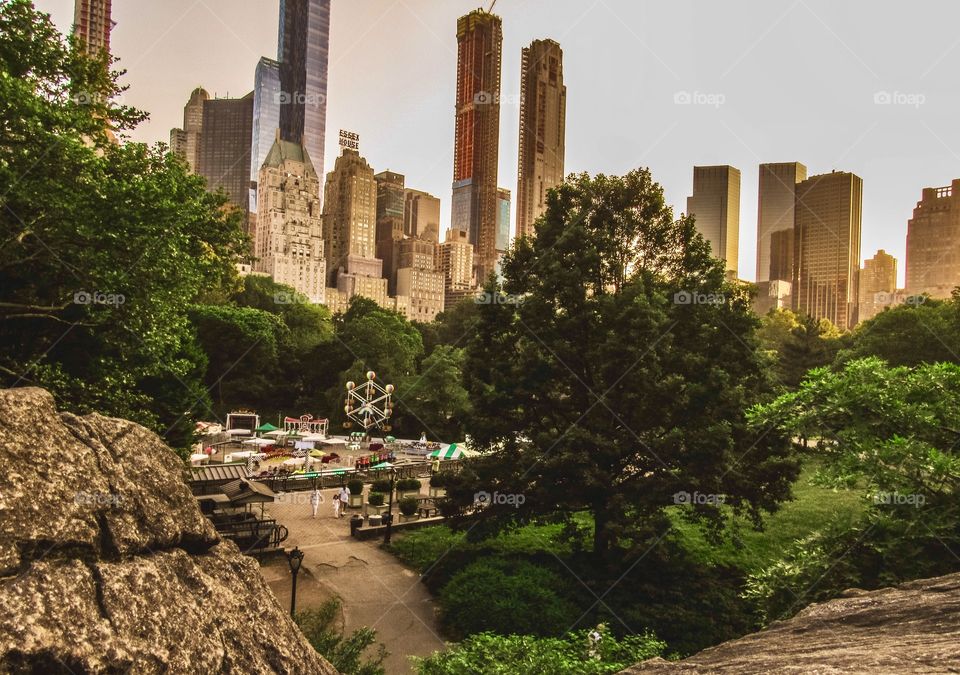 New York, Manhattan, Central Park, people, summer, sunset, trees, plants, grass, green, Park, buildings, architecture, skyscrapers nature, city, big city, carnival, panoramic view, 