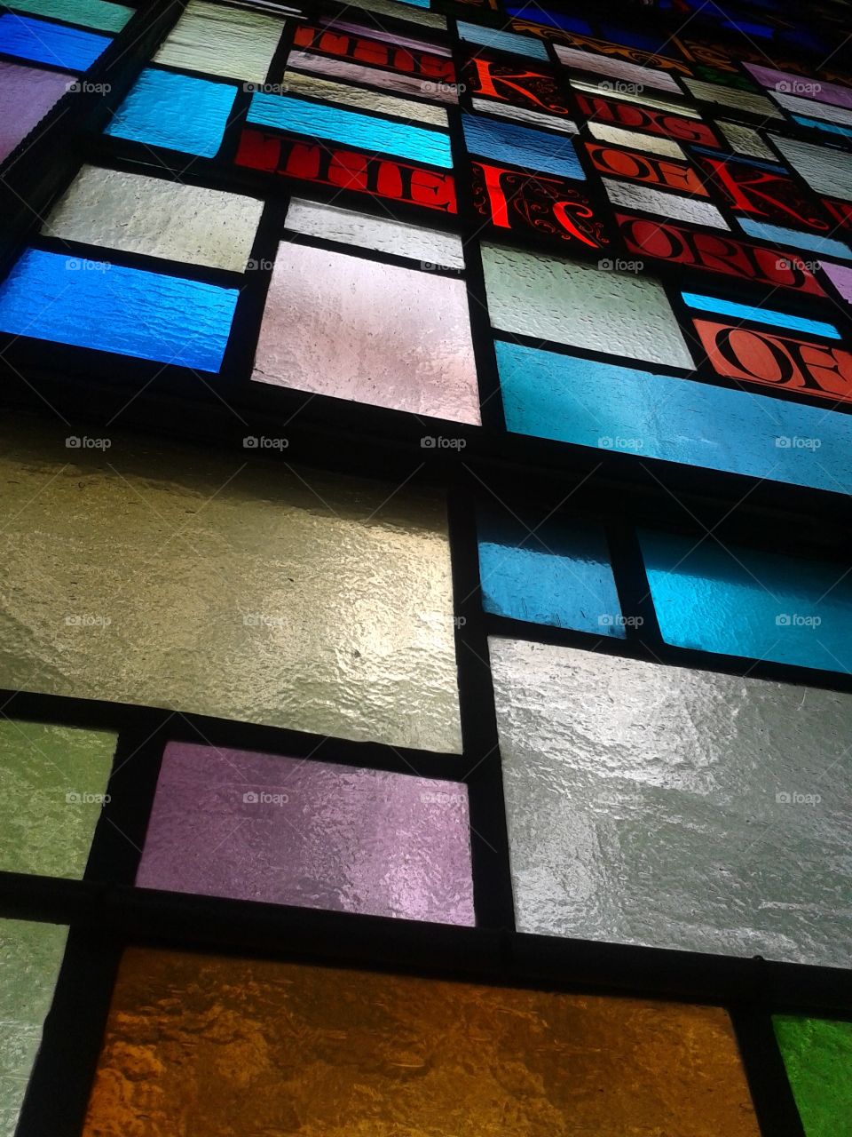 Stained glass panels. The Catholic Church windows.