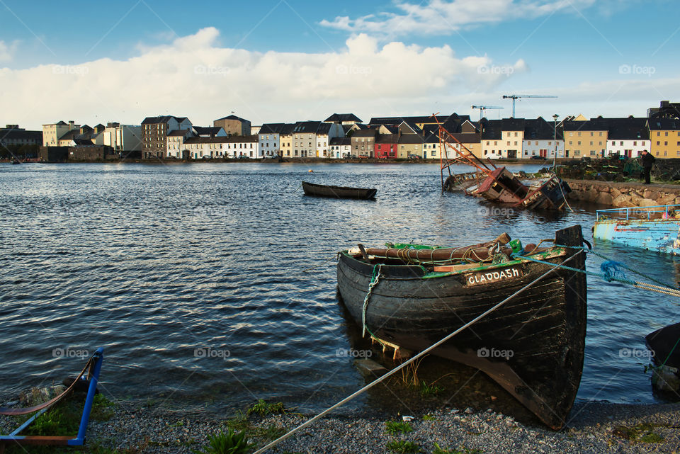 Boats in the Corrib River at Galway City in Ireland