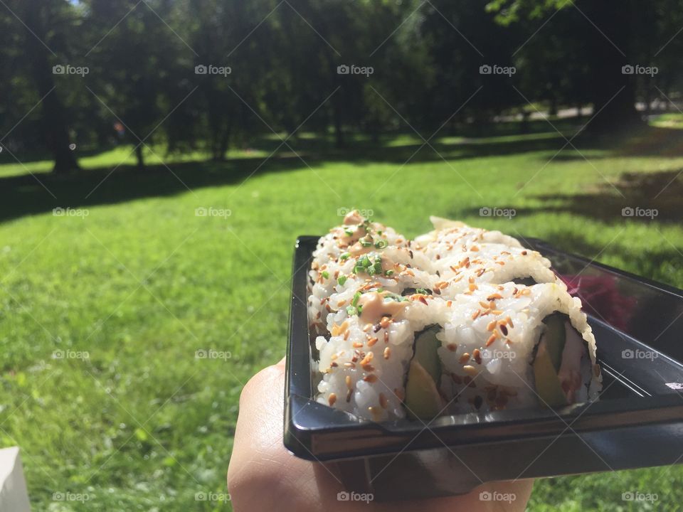 Sushi in the park. Took my lunch with me to the park in Stockholm! 