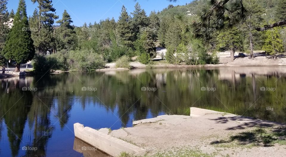 Mountain lake with pine trees, reflections, and a dock.