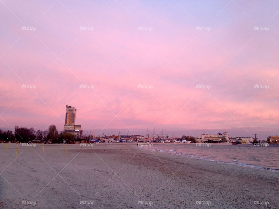 Pink sunrise in Gdynia Poland 