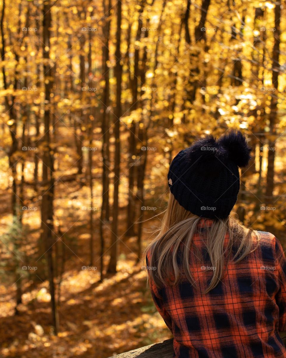 Woman in plaid looking out over a golden Autumn forest