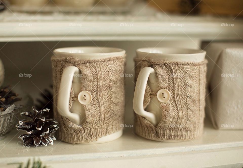 Knitted coffee cup at home