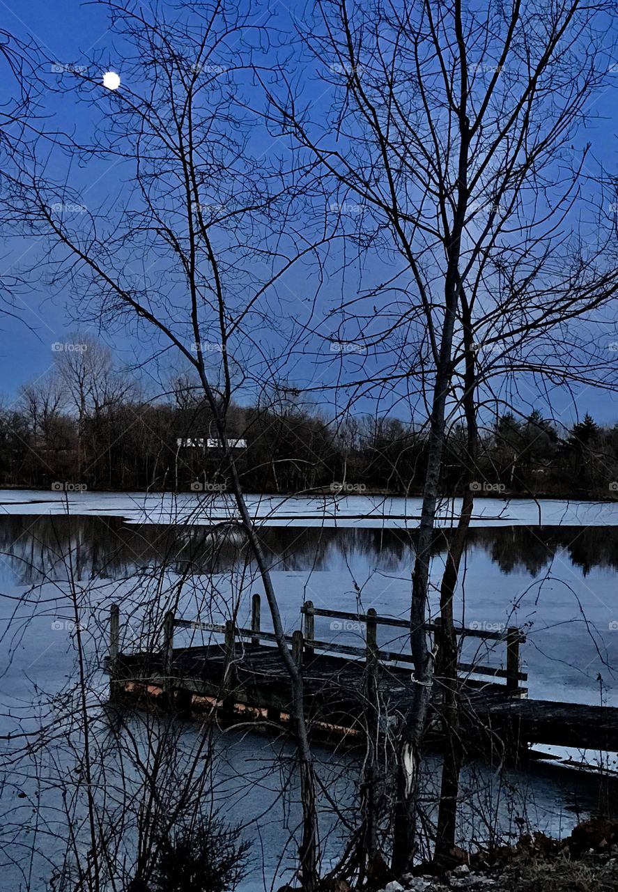 Winter Story, cold, winter, rural, dock, frozen, ice, wood, wooden, lake, sky, shore, thin ice, pond, water, melting, trees, tree line, clouds, blue, brown, old