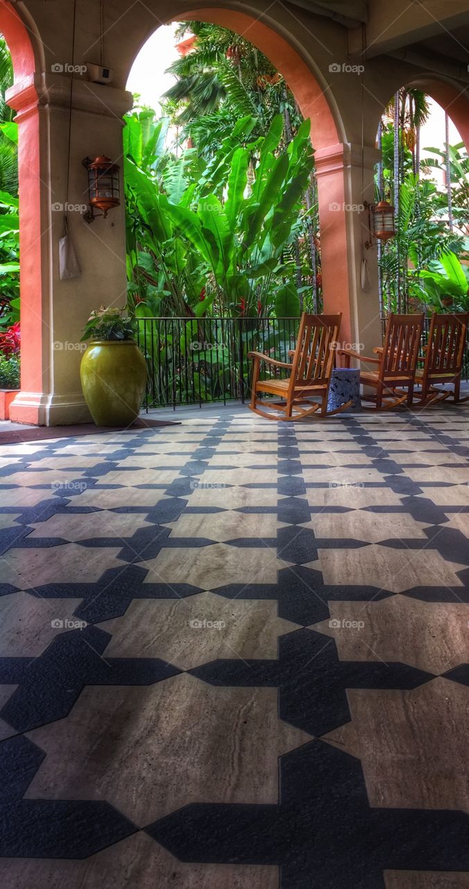 Empty chairs in corridor
