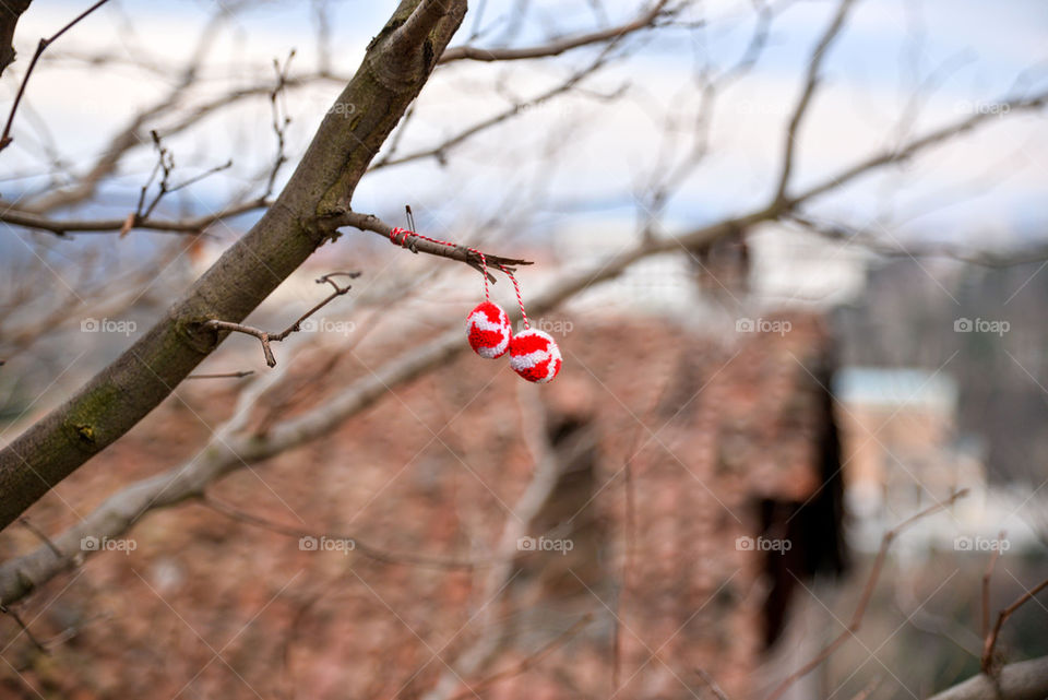 Red and white martisor in a tree