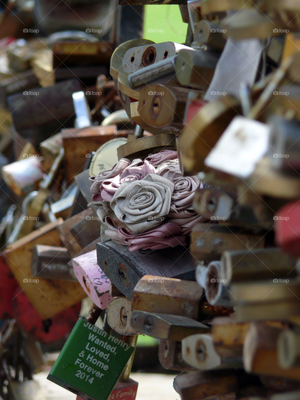 Close-up of padlocks in Riga, Latvia.