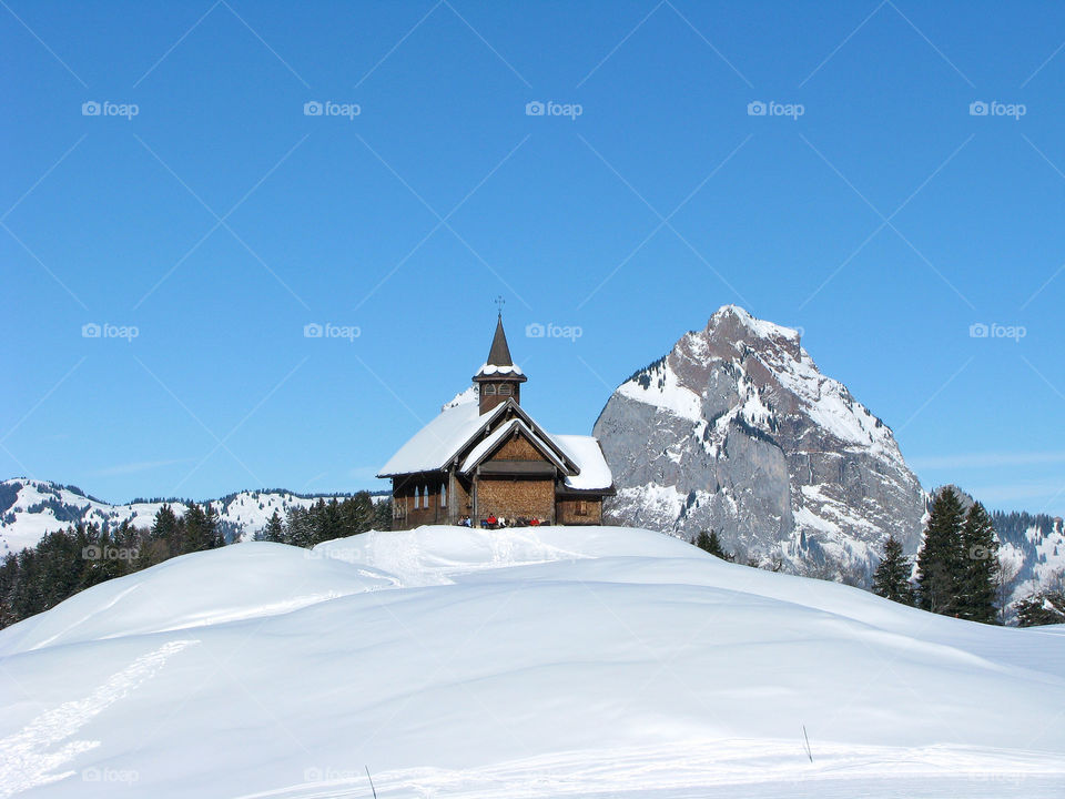 Church in the winter wonderland on the mountain