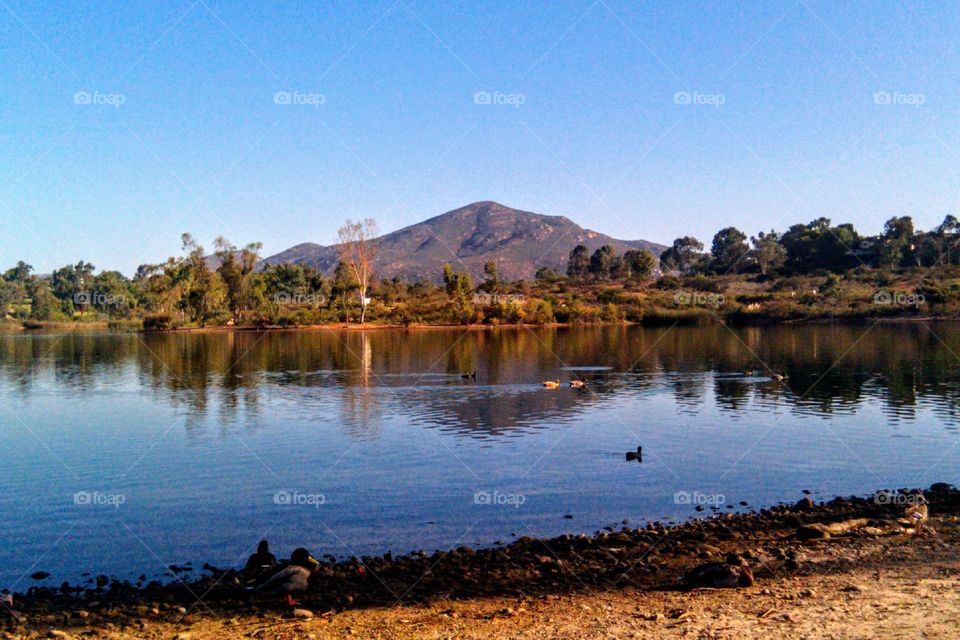 Cowles Mountain reflected in Lake Murray. La Mesa, CA