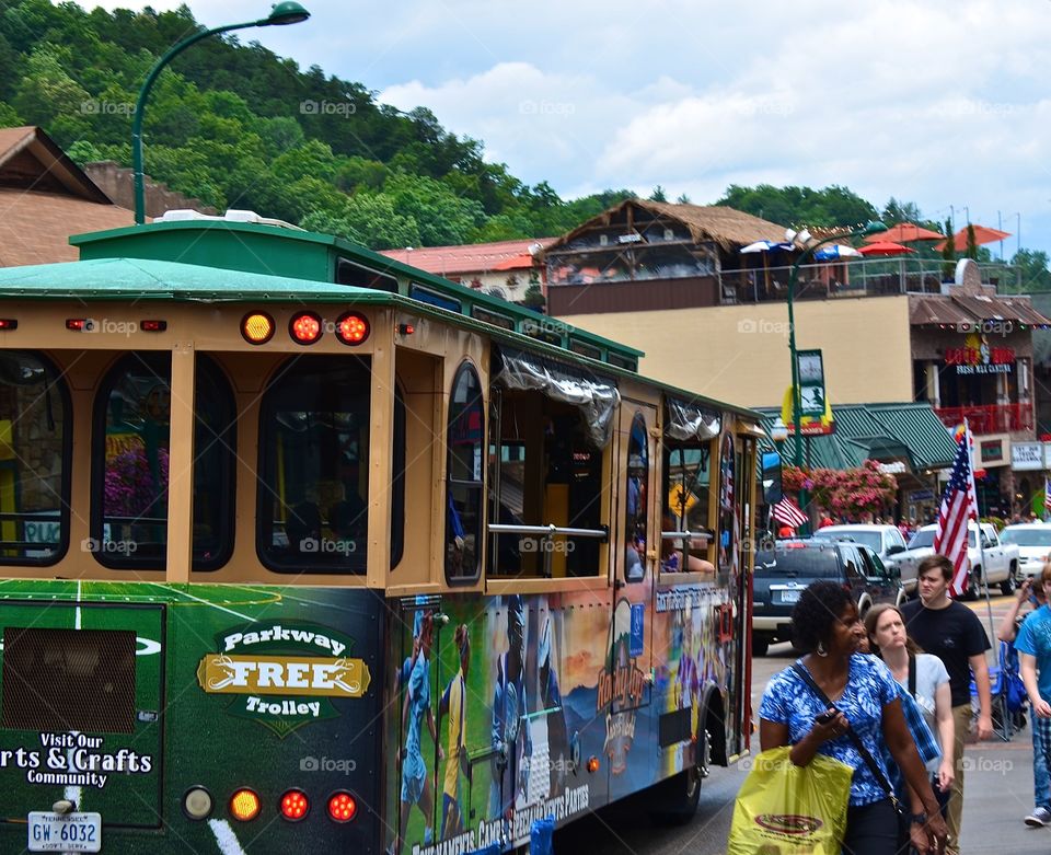 Trolley in the mountains. Trolley on the street in the mountains of Gatlinburg, TN