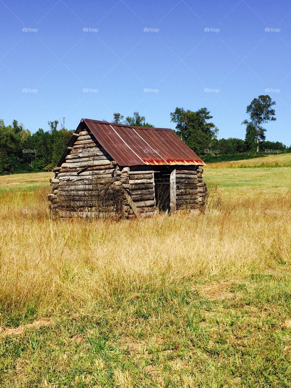 Log structure cabin in a field in the countryside in Georgia
