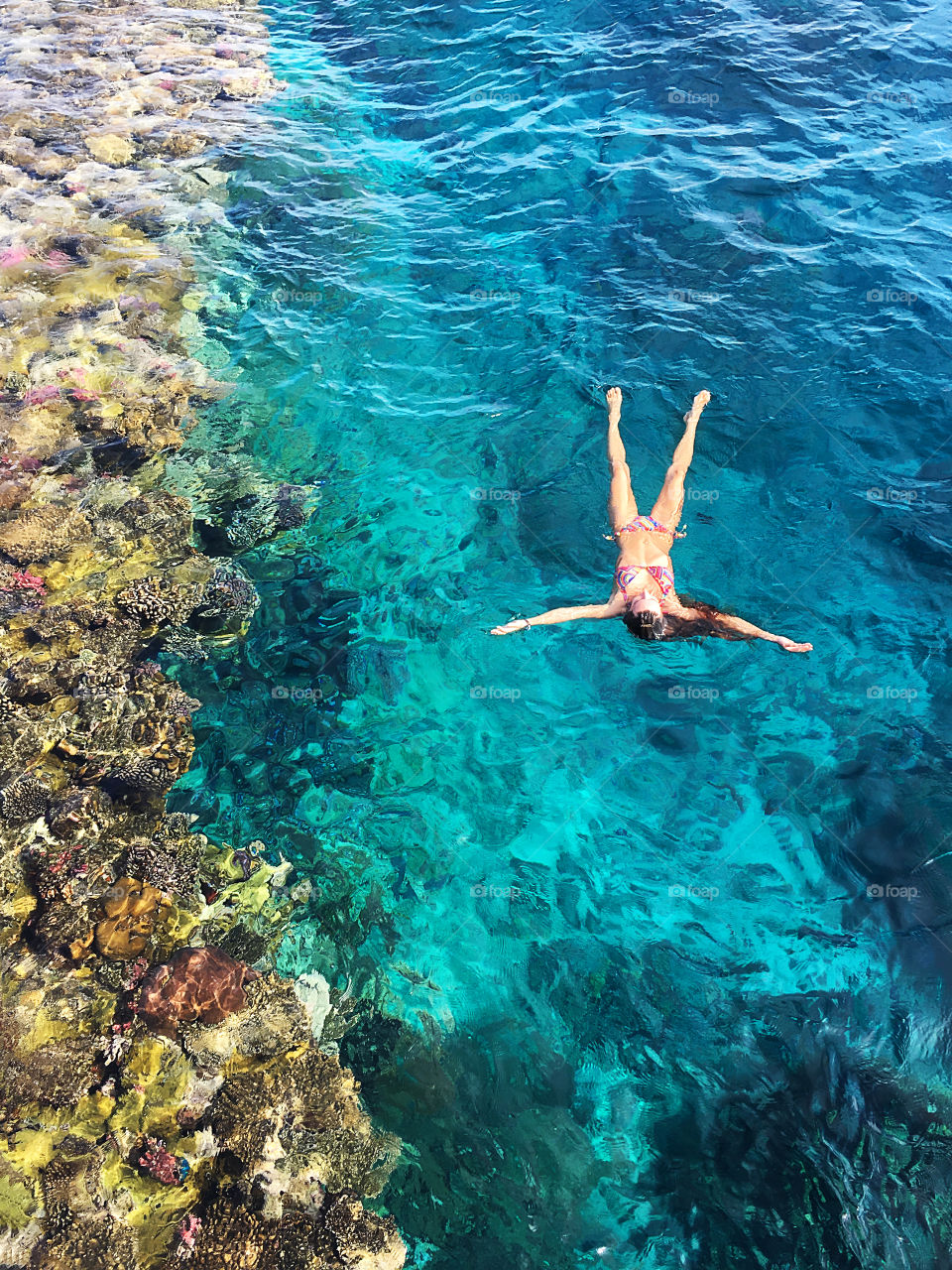 Overheard view of young woman enjoying her summer tropical vacation while swimming in blue coral sea 