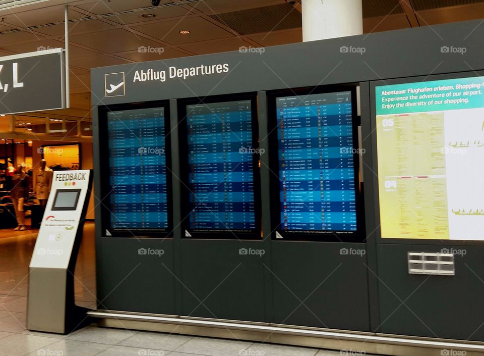 at the airport. Screen showing t