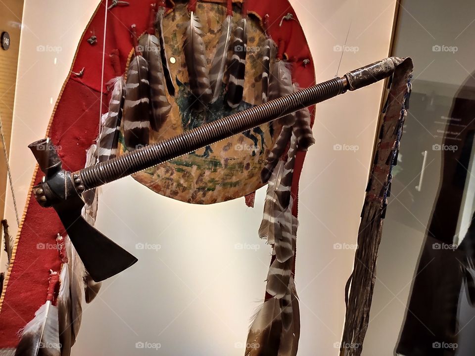 North American Indians war objects shield and tomahawk