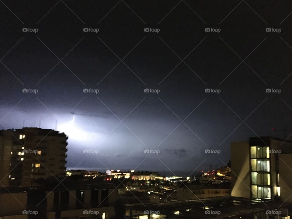 Stormy and rainy weather on a city