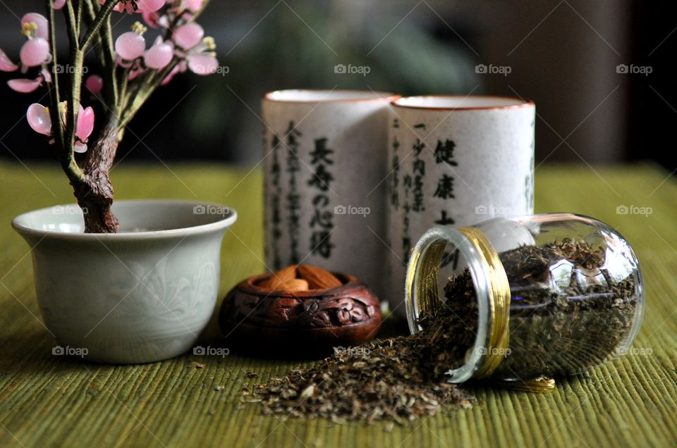 Cups and tea leaves of japanese
