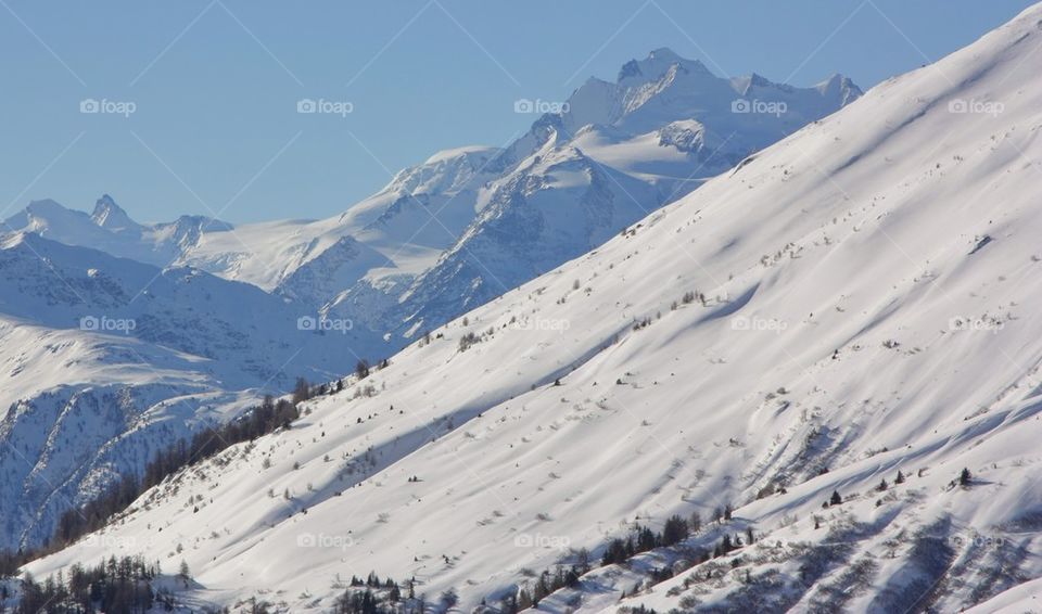 Snow covered mountains in the swiss alps