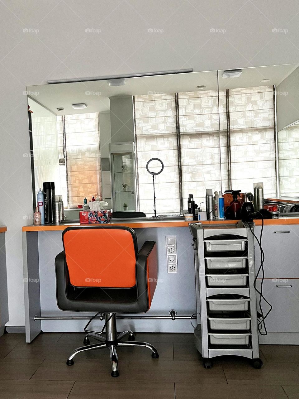 Workplace table of a hairdresser in a beauty salon
