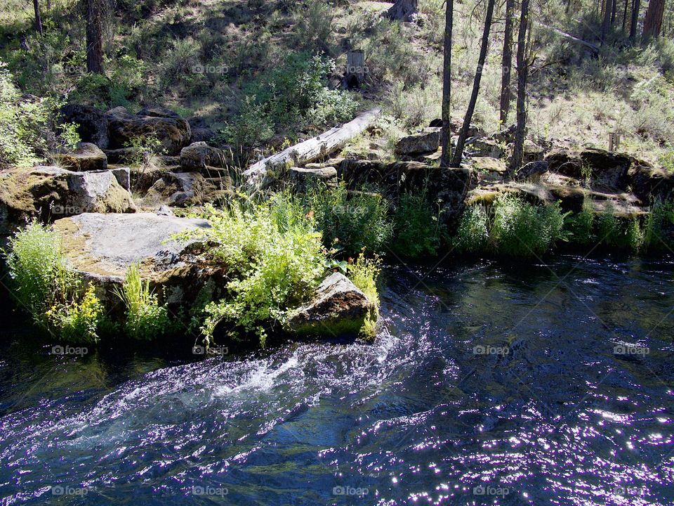 The incredible waters of Central Oregon’s Metolius River flowing along its banks of boulders, bushes, and trees on a bright sunny summer afternoon. 