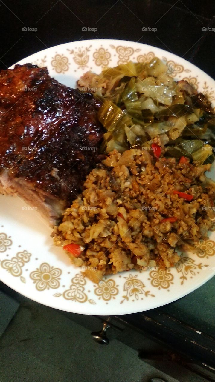 Barbecue Ribs, Sautéed Cabbage and Cauliflower Fried Rice