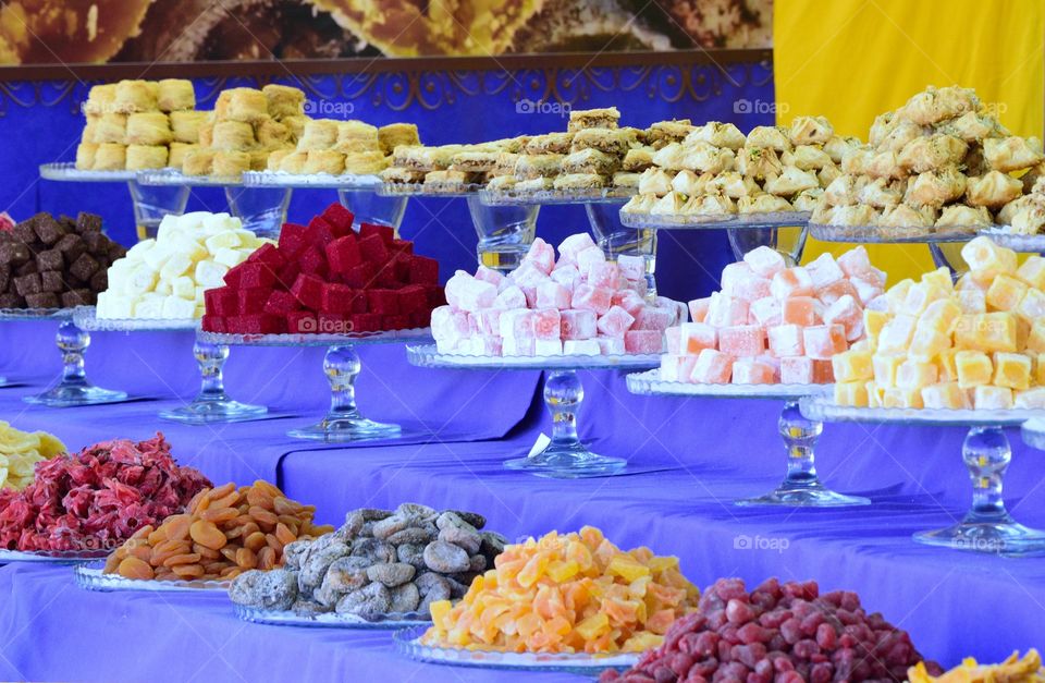 Turkish sweet food at a stall in Portonovo, Spain.